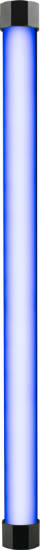 NANLITE PavoTube II 15XR 1KIT LED-putkivalaisin on pystysuora lieriömäinen valaisin, jossa on mustat päätykappaleet ja joka säteilee tasaisesti jakautunutta, kirkkaan sinistä hehkua pitkin putken pituutta.