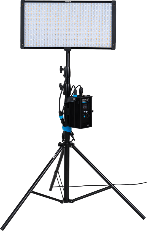 The NANLITE PavoSlim 120C RGBWW LED panel is presented on an adjustable stand with a control box designed for professional photography or video production, against a white background.
