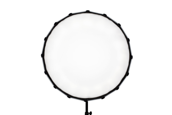 NANLITE Softbox 60cm FM-kiinnityksellä, suuri pyöreä studiovalo, jossa on musta kehys ja valkoinen diffuusori, näkyy vaaleanharmaata taustaa vasten.