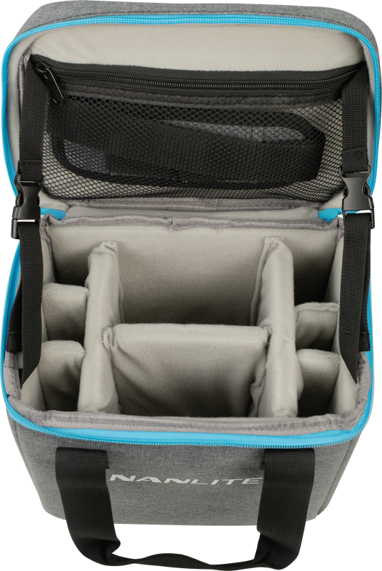 800q-05_117089 The NANLITE PavoTube II 6C Kit is a grey and blue soft case with adjustable padded dividers and an internal mesh zippered pocket for organizing and protecting your equipment.