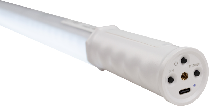 A close-up of the NANLITE PavoTube T8-7X 2 Kit LED tube light reveals its white handle with control buttons, power button, dimmer, CCT/Hue switch, stand screw mount and USB-C charging port.