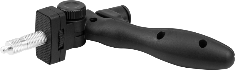 NANLITE Floor Stand for Tube Light T8 is a black handheld accessory with textured metal tip, ergonomic handle with two holes and control knob on white base.