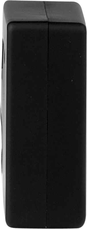 The side view of the ATOMOS Ultrasync One, a black rectangular electronic device, shows its flat surface with a vertical seam in the middle.