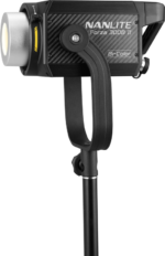 The NANLITE Forza 300B II Bicolor LED Spot Light is mounted on a black stand with a compact rectangular black housing with visible control buttons and labels.