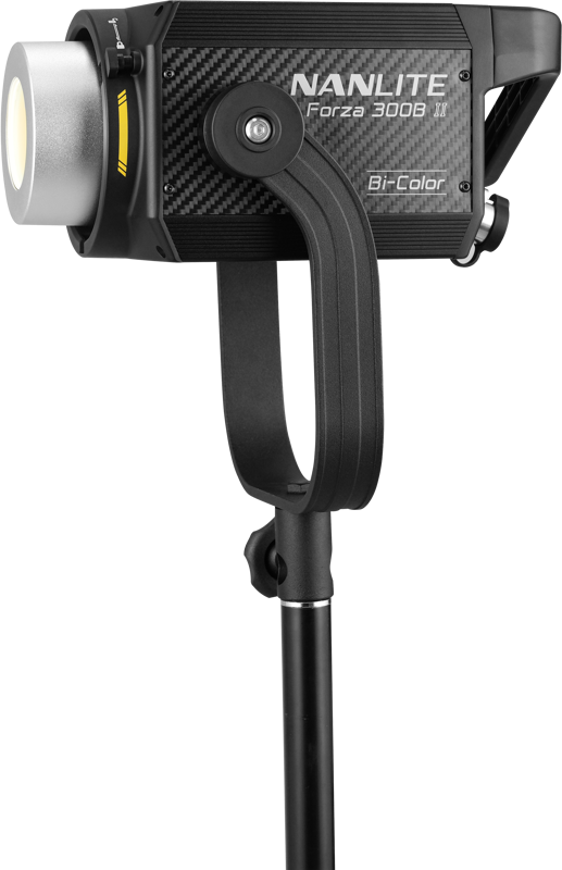 The NANLITE Forza 300B II Bicolor LED Spot Light is mounted on a black stand with a compact rectangular black housing with visible control buttons and labels.