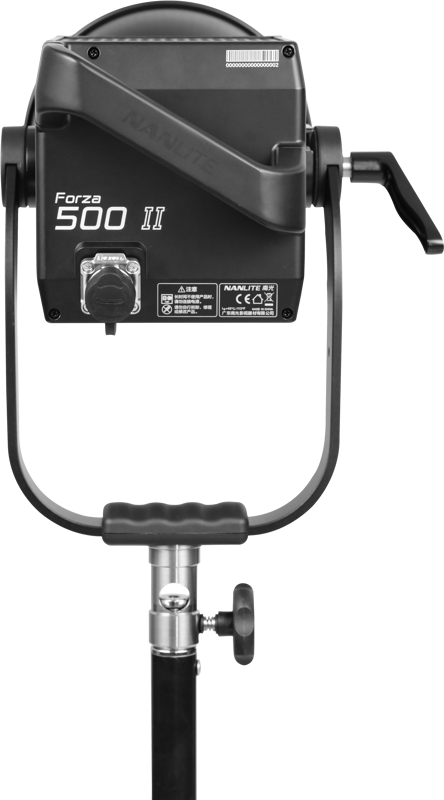 The NANLITE Forza 500 II Daylight LED Spot Light is shown on a stand from behind, with its model name, control knob and ventilation holes highlighted.