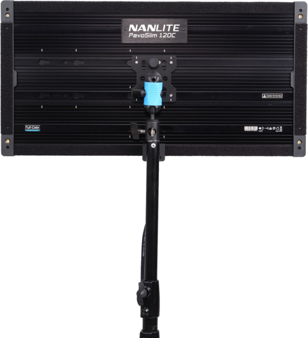 Mounted on a black stand, the rear of the NANLITE PavoSlim 120C RGBWW LED panel highlights its control knobs and mounting bracket.