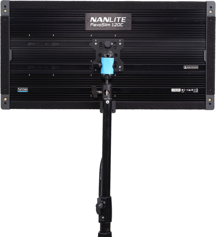 Mounted on a black stand, the rear of the NANLITE PavoSlim 120C RGBWW LED panel highlights its control knobs and mounting bracket.