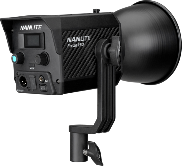 NANLITE Forza 150 & Lantern 60cm softbox FM Mount LED-valolla, jossa on musta runko ja ohjauspaneeli, näkyy sivulta ja takaa valkoista taustaa vasten.