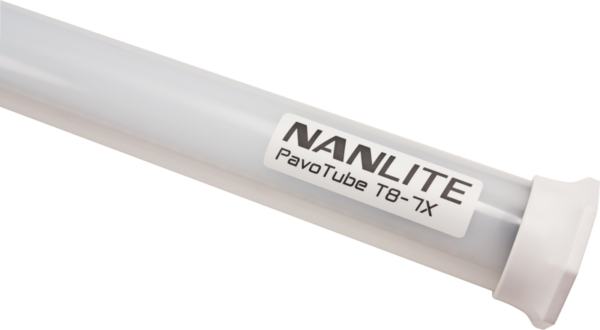 Close-up of the NANLITE PavoTube T8-7X 2 Kit, a cylindrical LED tube with a white label showing its brand and model name against a white background.