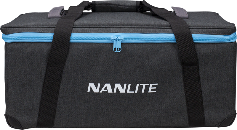 Rectangular dark grey NANLITE carry case for Forza 300 with light blue zipper, black handles and white NANLITE logo on the front.