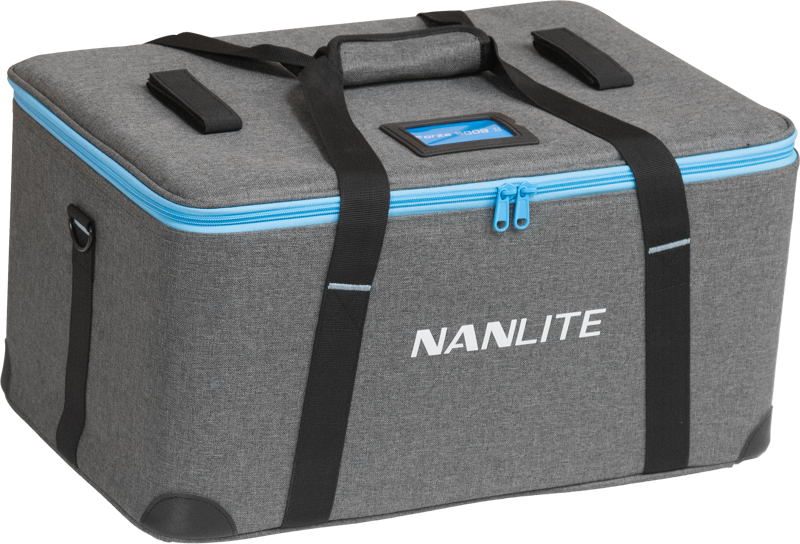 Grey rectangular NANLITE Trolley Case 2 for Forza 500/500B II with black handles, black straps, blue zipper and white Nanlite logo printed on the front.