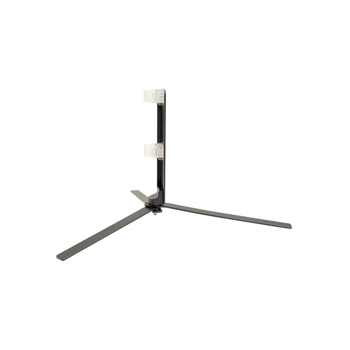 The NANLITE Floor Stand for Pavotube 60X is a black metal tripod with two transparent adjustable holders on a vertical rod that holds objects upright. Shown against a plain white background.