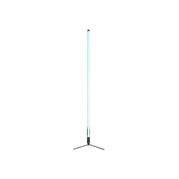 The NANLITE floor stand for Pavotube 60X displays a vertical, glowing blue LED tube on a compact, three-legged metal base against a white background.