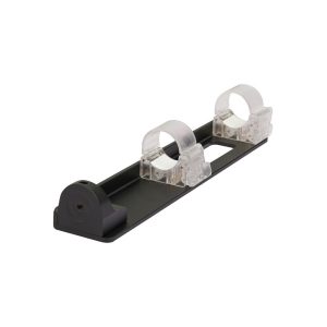 The NANLITE floor stand for Pavotube 60X is a black and grey plastic bracket with two clear holders and a round head designed to hold cylindrical objects securely.