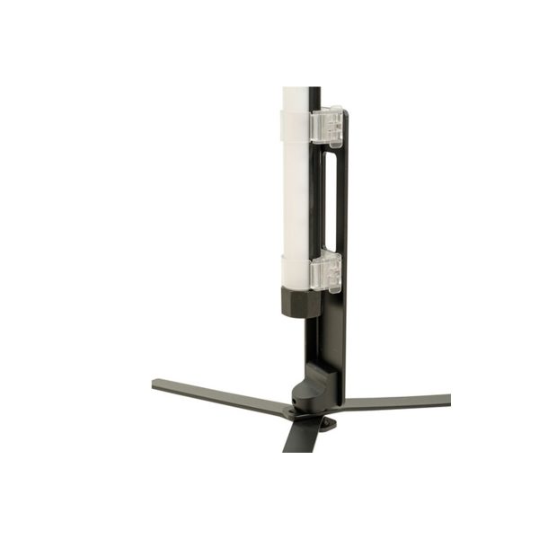 Close-up of the NANLITE Floor Stand for Pavotube 60X, featuring a clear and white cylindrical tube with vertical transparent brackets, all against a white background.