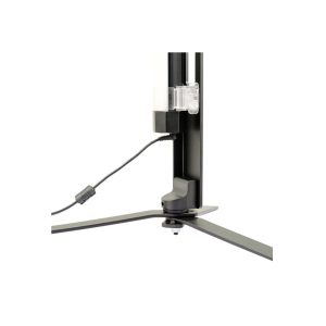 Close-up of the base of the NANLITE Floor Stand for Pavotube 60X with three black metal feet and a power cord connected to its vertical pole connector.