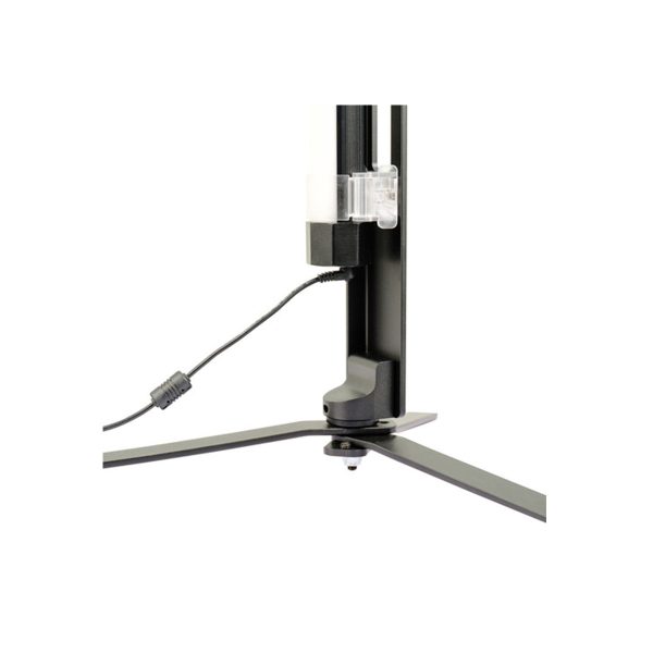Close-up of the base of the NANLITE Floor Stand for Pavotube 60X with three black metal feet and a power cord connected to its vertical pole connector.