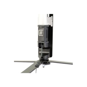 Close-up of the NANLITE Floor Stand for Pavotube 60X: it features a black power switch on the base, a cord connected to the base and three metal tripods extending outwards for support.