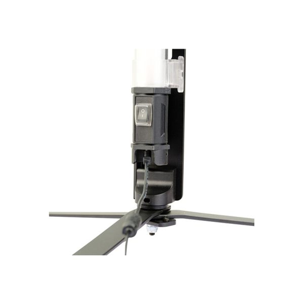 Close-up of the NANLITE Floor Stand for Pavotube 60X: it features a black power switch on the base, a cord connected to the base and three metal tripods extending outwards for support.