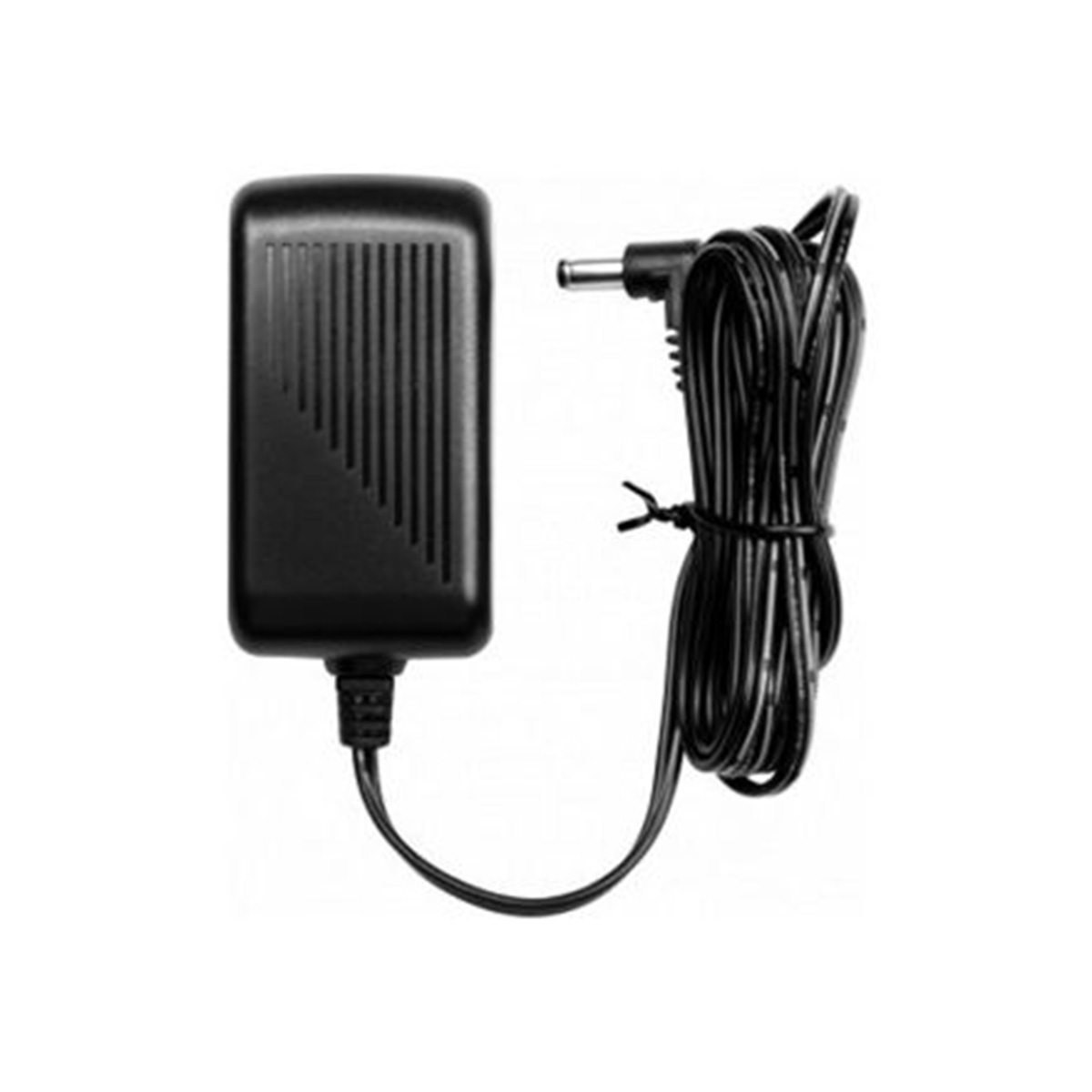 NANLITE 15V -sovitin E60-nauhavalaisimelle, jossa on musta kuvioitu muotoilu ja pitkä kierretty kaapeli, jossa on tynnyripistoke, näkyy valkoisella taustalla.