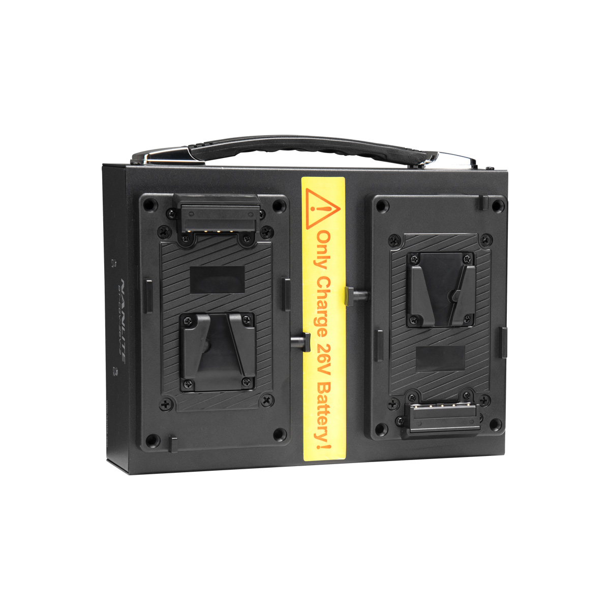 The NANLITE Battery Charger for Dual 26V V-mount battery is a black portable charger with a handle, two battery slots and a yellow warning label on the front that reads "Charge 26V battery only!".