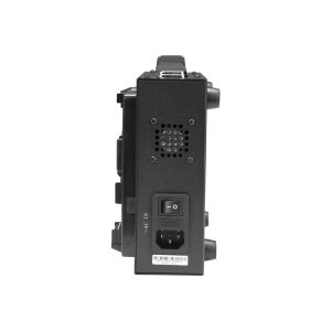 The NANLITE battery charger for the Dual 26V V-mount battery, pictured from the back against a white background, features a power switch, power supply socket, ventilation holes and a barcode label near the bottom.