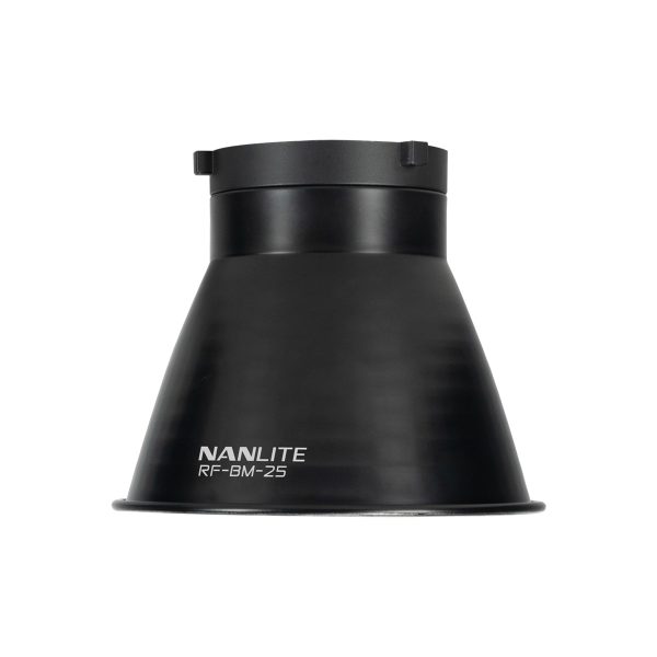 Black NANLITE 45° reflector with FM mount, with wide conical shape and model name in white near the base, designed for photography and videography.