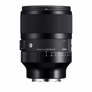 Sigma 50mm f/1.2 DG DN Art lens, Sony E, black lens with wide focus ring, manual aperture ring and various markings, shown upright against a white background.