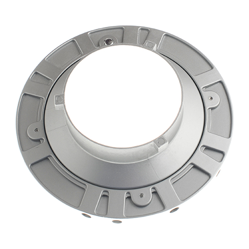 The Godox Octa Softbox 95cm is a round, metal lighting fixture with a large central opening, raised parts and small holes on the edges, pictured above with a white background.