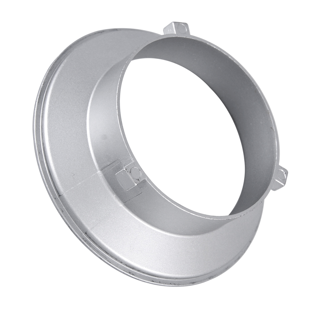 The Godox Softbox Adapter Bowens has a silver-coloured metal structure with a wide circular flange and a circular opening in the middle, designed for connecting softboxes to lighting fixtures, shown against a white background.