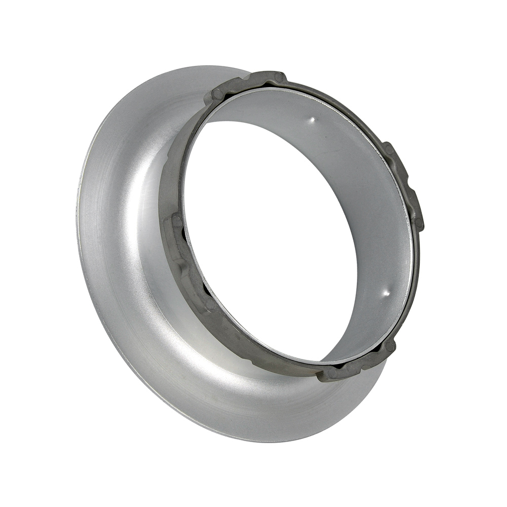 Godox Softbox Adapter for Multiblitz vari/Profilux/Xeuolux on metallinen, rengasmainen teollinen komponentti, jossa on levenevä reuna ja lovettu sisäreuna, kuvassa valkoista taustaa vasten.