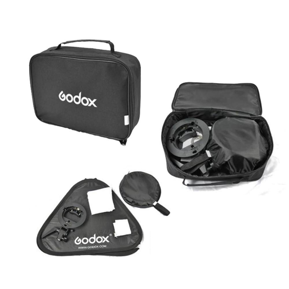The black Godox S Bracket Type Bowens carry case is closed and open, with photographic equipment inside, and its contents are shown: the S bracket, 80x80cm softbox, exposure net and accessories.