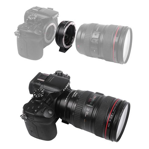 Musta Lumix-kameran runko, Viltrox EF-M1 Autofocus Adapter ja suuri Canon-zoom-objektiivi näkyvät ylhäällä erikseen; alhaalla kamera, adapteri ja objektiivi on koottu yhteen.
