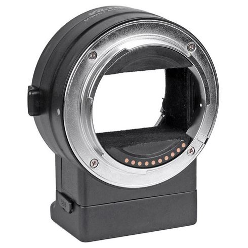 Lähikuva Viltrox Nikon F - E1 Autofocus Adapterista, jossa on pyöreä metallirengas, elektroniset koskettimet ja musta suorakulmainen pohja Nikon F-mount -objektiivien kiinnittämiseksi kameran runkoon.