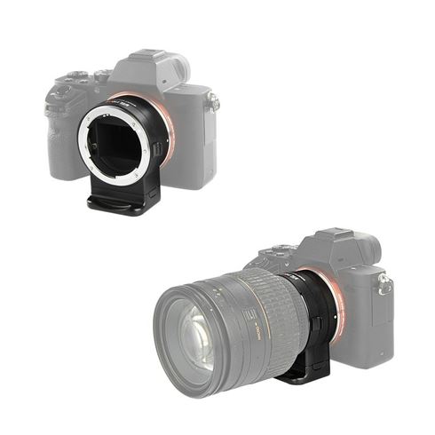 Kuvassa on kaksi digitaalikameraa; ylemmässä näkyy Viltrox Nikon F - E1 Autofocus Adapter -adapteri kiinnitettynä, kun taas alemmassa näkyy sama adapteri, johon on asennettu suuri kameran objektiivi. Molemmat kamerat näkyvät osittain läpinäkyvinä.