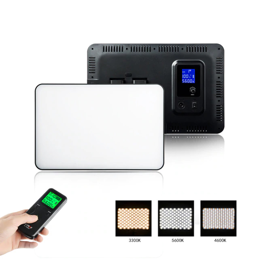 The Viltrox VL 200T LED luminaire is shown from the front and rear, with a digital display and control buttons. Below are colour temperature options (3300K, 4600K, 5600K), and a hand-held remote control with green display.