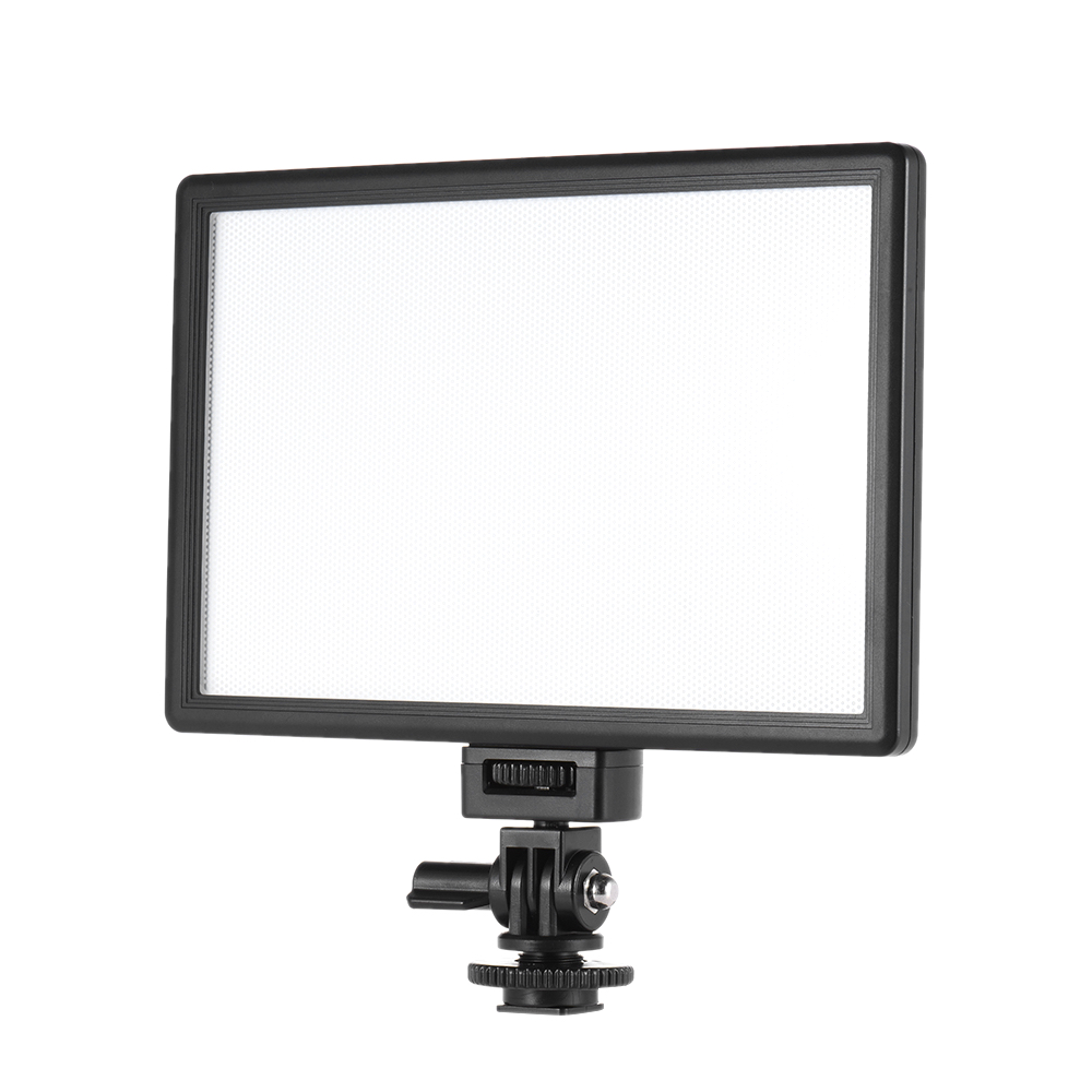 The Viltrox L116T LED luminaire is a rectangular panel with black frame, adjustable swivel bracket and white diffuser, ideal for studio or video shooting.
