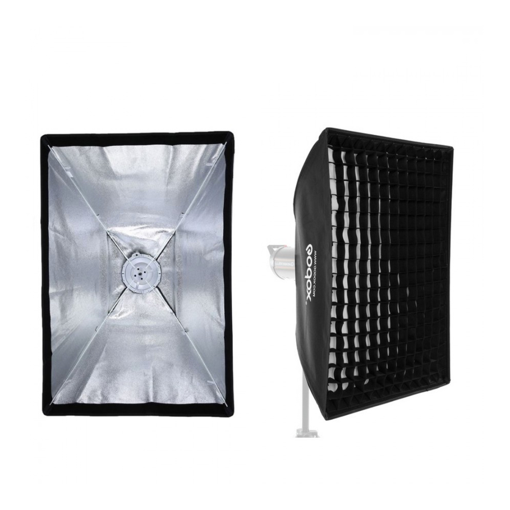 Kaksi Godox Umbrella Softbox Bowens 80x120 with Grid -yksikköä näytetään: toinen paljastaa hopeanvärisen heijastavan sisätilan, kun taas toisessa näkyy musta ruudukon etuosa ja Godox-brändi - molemmat on asennettu valotelineisiin.