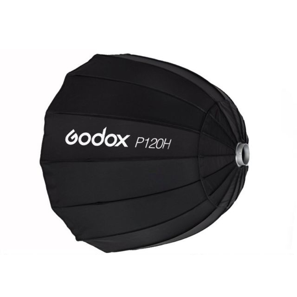 Mustassa Godox Parabolic Softbox Bowens Mount P120H -valaisimessa, jossa on valkoinen teksti, näkyy sivulta katsottuna sen kaarevat terälehdet ja hopeinen kiinnitysrengas.