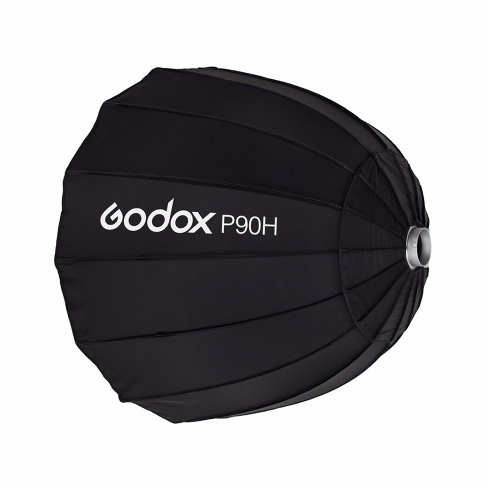 Musta, kupolimainen Godox Parabolic Softbox Bowens Mount P90H, jossa on näkyvät kylkiluut ja hopeinen kiinnitysrengas ja jonka kyljessä on tuotemerkki ja mallinimi.