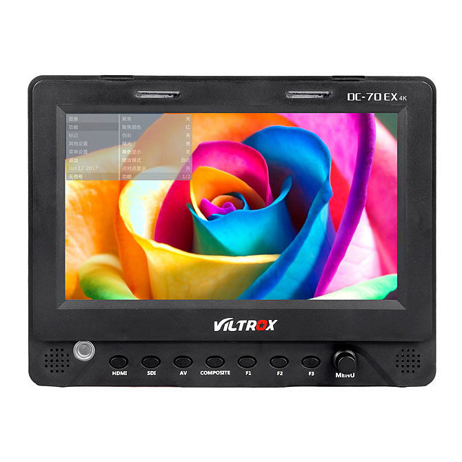 The Viltrox DC 70 EX 7" HD monitor with SDI, which is black with various buttons and ports under the screen, displays a vibrant, multi-coloured rose.