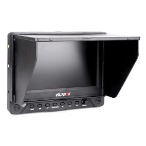 The Viltrox DC 70 EX 7" HD monitor with SDI features a sunshield, front bottom control buttons and left-side ports ideal for camera video playback and viewing.