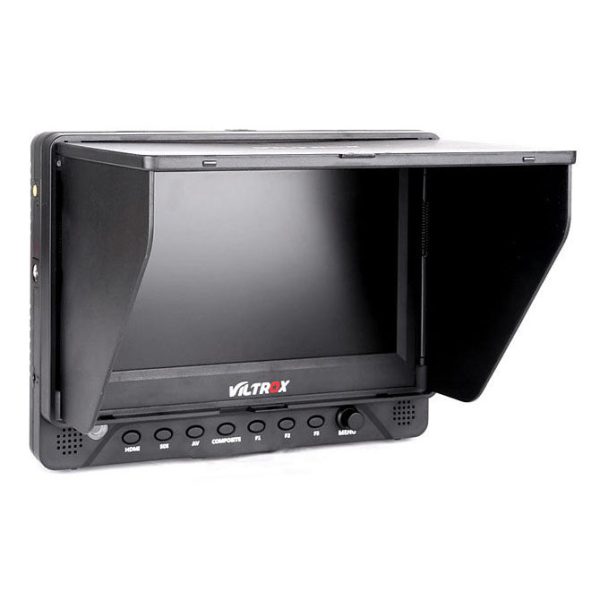 The Viltrox DC 70 EX 7" HD monitor with SDI features a sunshield, front bottom control buttons and left-side ports ideal for camera video playback and viewing.