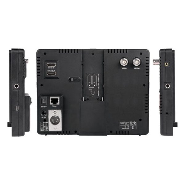 Viltrox DC 70 EX 7" HD monitor with SDI, black, rear view showing HDMI, Ethernet, XLR and BNC ports, power input and central battery compartment. Side views show more buttons and connectors.
