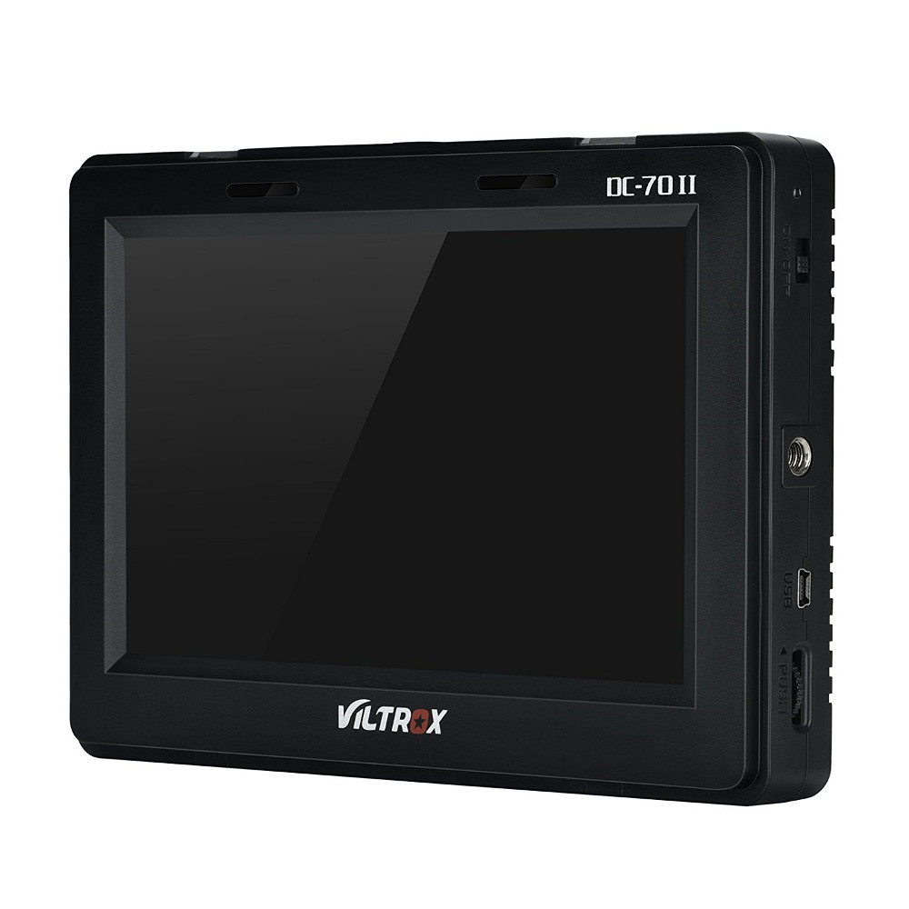 The black Viltrox DC 70II 7" HDMI monitor with widescreen display is shown from an angle that highlights its side ports and front display.