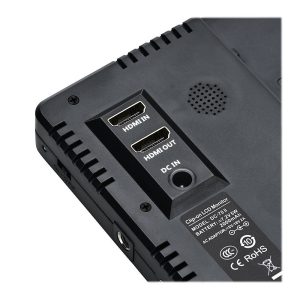 Lähikuva Viltrox DC 70II 7" HDMI-monitorin takaosasta, jossa on HDMI IN/OUT, DC IN -portit, kaiutinsäleikkö ja tuoteselosteet.