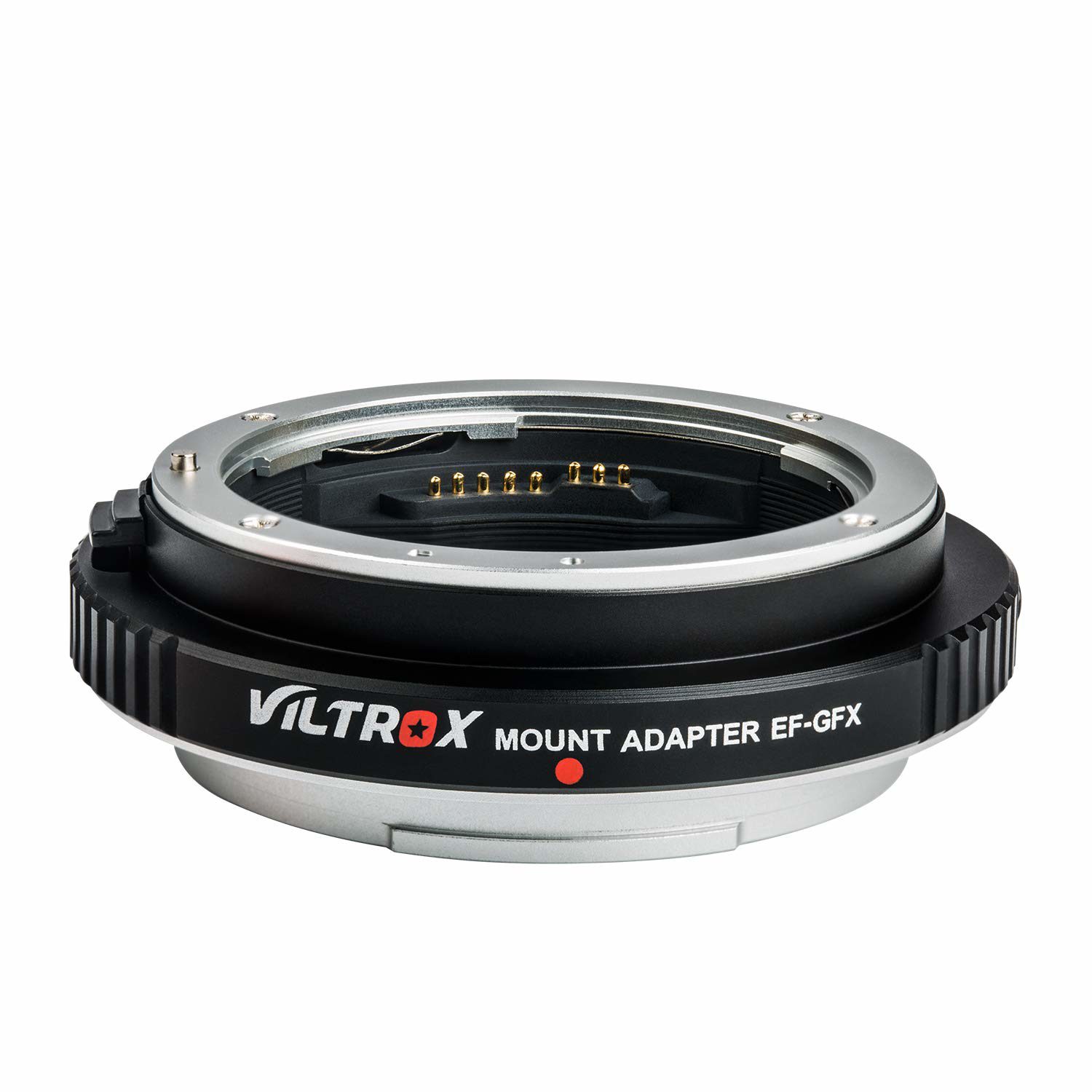 Viltrox EF - GFX II Autofocus Adapter kuvattuna kulmasta, jossa näkyvät sen elektroniset koskettimet ja "Viltrox EF - GFX II Autofocus Adapter" -merkintä mustassa renkaassa.