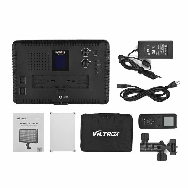 Viltrox VL D640T LED-valopaketti valkoisella pohjalla, joka sisältää LED-paneelin, virtalähteen, kaapelin, kaukosäätimen, valkoisen diffuusorin, käyttöohjeen, kantolaukun ja kiinnikkeen.