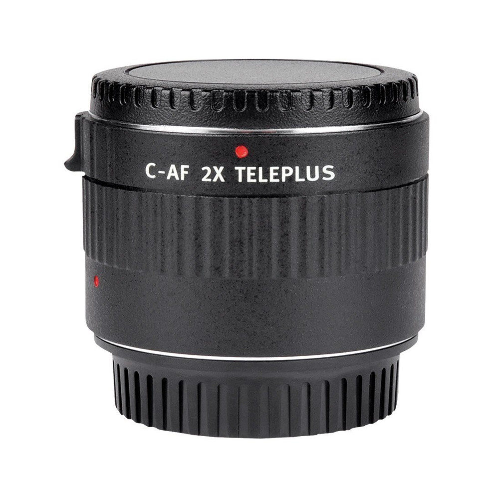 Musta Viltrox Canon AF Teleconverter 2x, jossa on uurrettu kahva, punainen kohdistusmerkki ja objektiivin suojukset molemmissa päissä, merkintä "C-AF 2X TELEPLUS", eristetty valkoiselle taustalle.